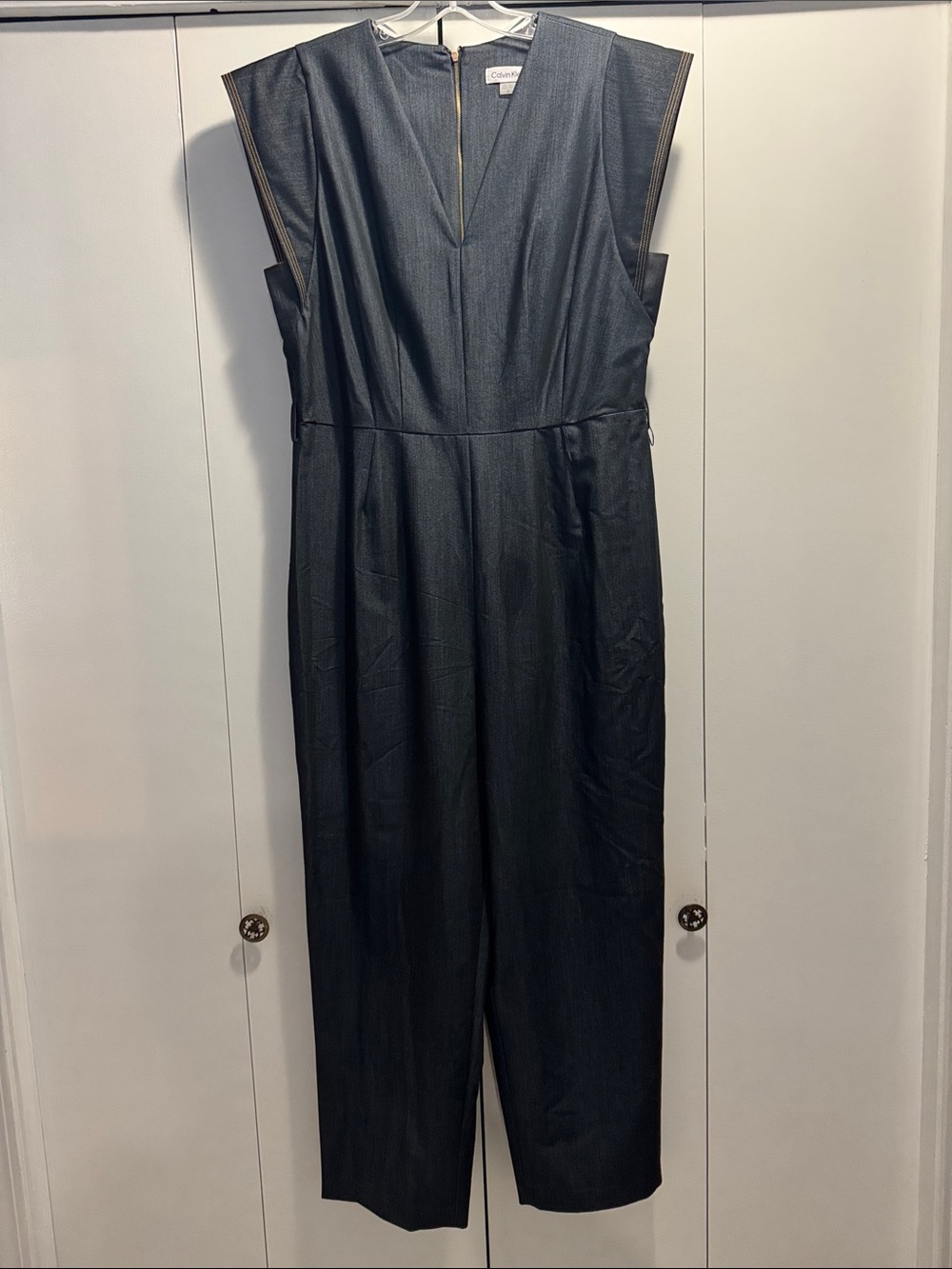 Calvin Klein Dark Denim Capped Sleeve V-Neck Jumpsuit